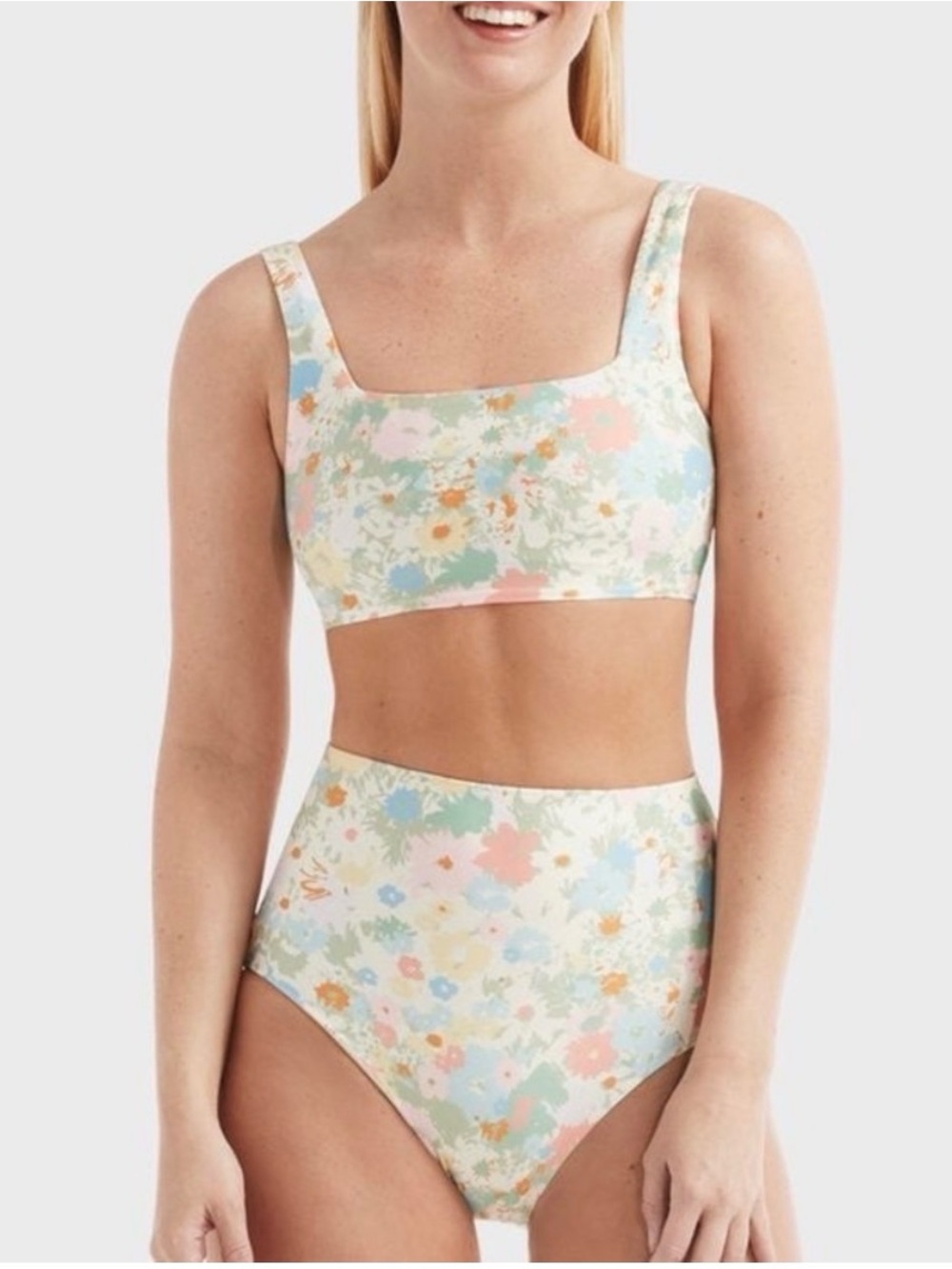 Hermoza Pastel Floral High-Waist Bikini Set in Mint, Blush, Blue